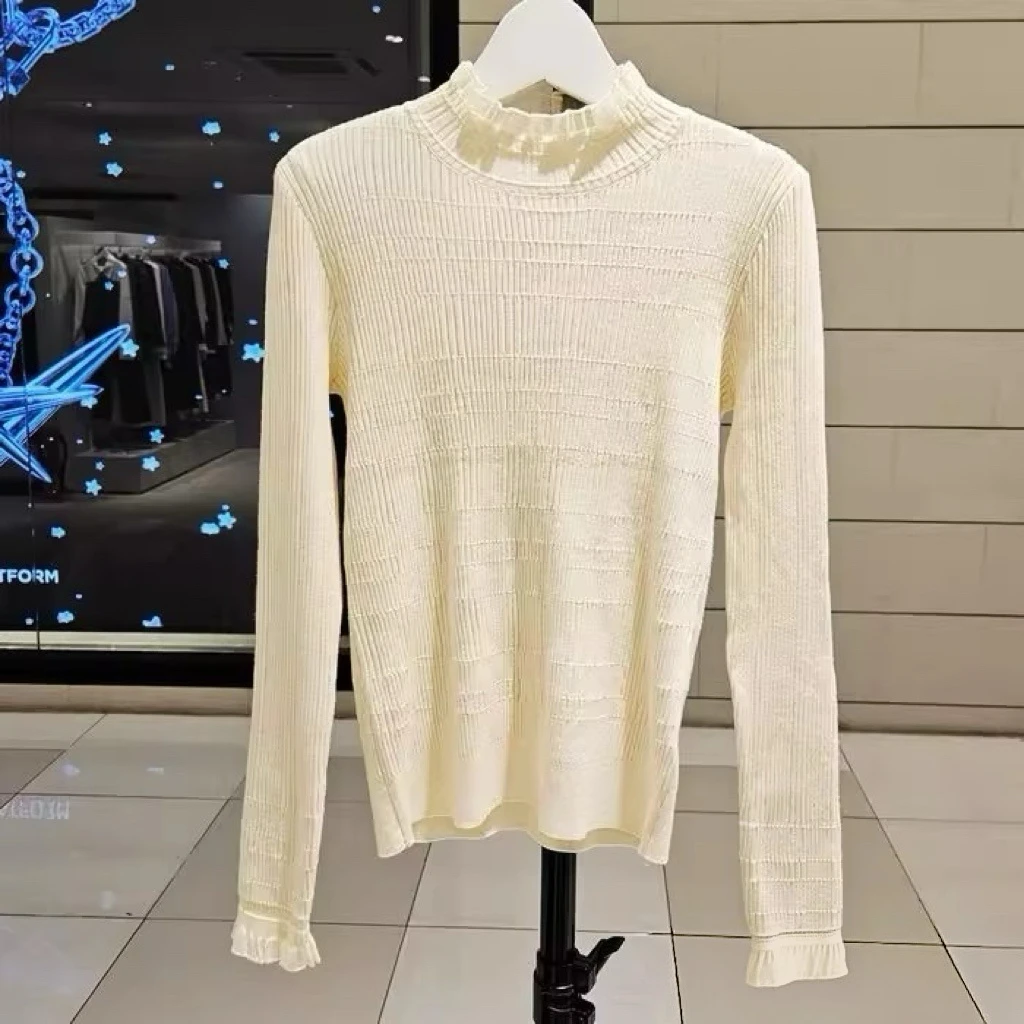 Ele Lemon Cheese JIG25 Winter Faionable Spitzenkragen Splice Stripe Base irt Damen Strickpullover Hoher Kragen Lang S...