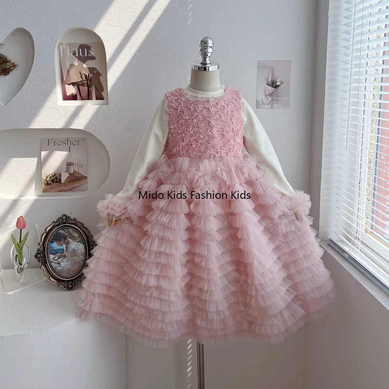 

Весенняя коллекция 2025: шикарная лоскутная юбка-торт в стиле канель с сетчатыми манжетами, комплект детского платья на день рождения для девочек