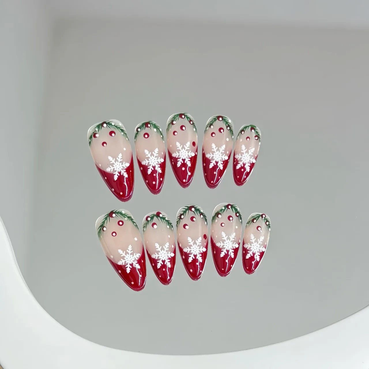 

10pcsHandmade Almond Press on Nails Red French Christmas Tree Snowflake Red Bean Design False Nails Wearable Nails Art Tips Girl