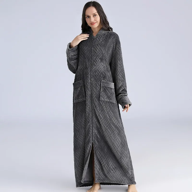 Extended Women\'s Flannel Zipper Pajamas Solid Color Jacquard Thick Warm Bathrobe Plus Size Women\'s Bathrobe Couple Bathrobe