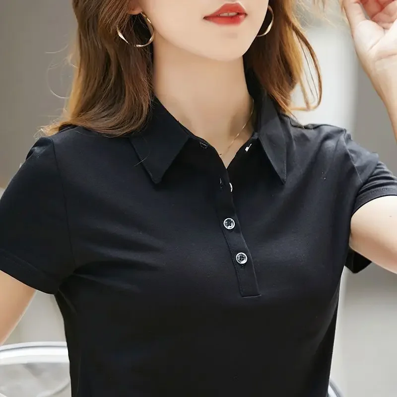 T-shirts Slim Button Women\'s Polo Plain White Female Tee 100℅ Cotton Pretty Basic Offer Comfortable Pulovers Casual Tops Youth