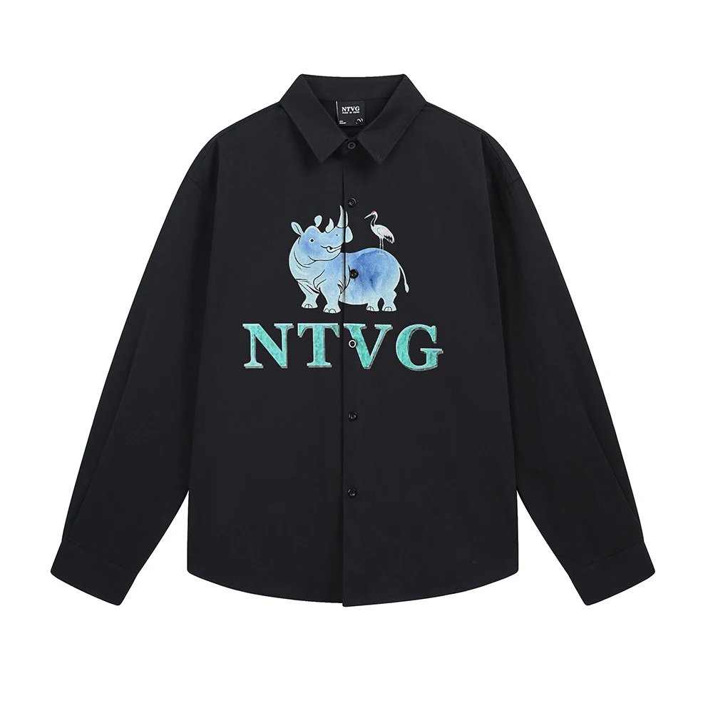 Cartoon Rhino Printed Men's Shirts Y2k Streetwear Designer Tops Oversized Long Sleeve Shirt Korean Fashion Japan Style Clothes