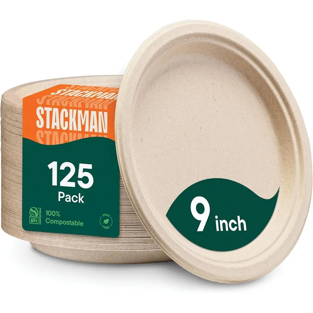Eco-Friendly 9 Sugarcane Bagasse Compostable Dinner Plates, 125-Pack Heavy Duty Disposables
