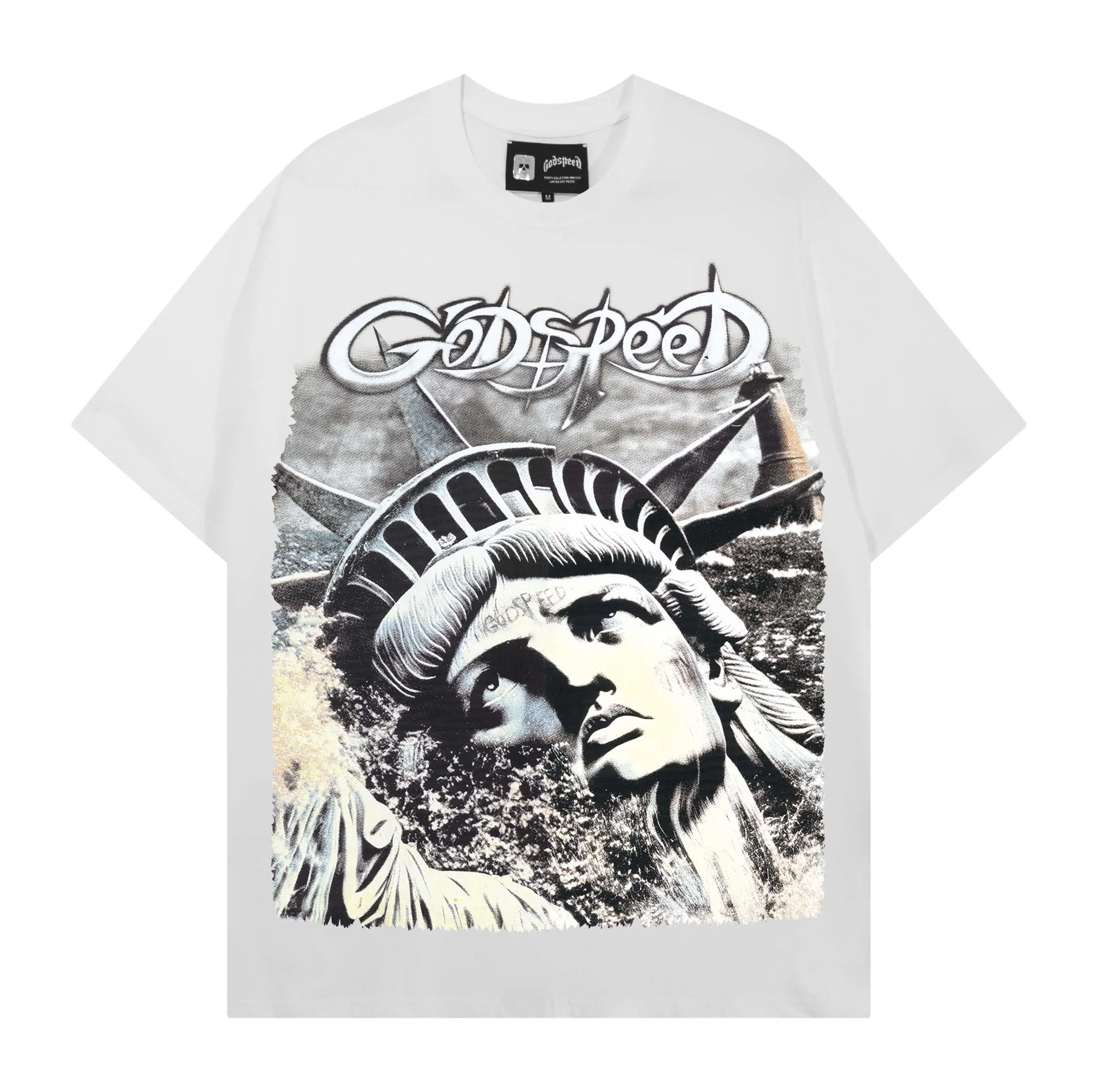 American Style Godspeed Trendy Brand Statue Print Heavyweight Double Thread High Quality Pure Cotton Loose Short Sleeve T-Shirt