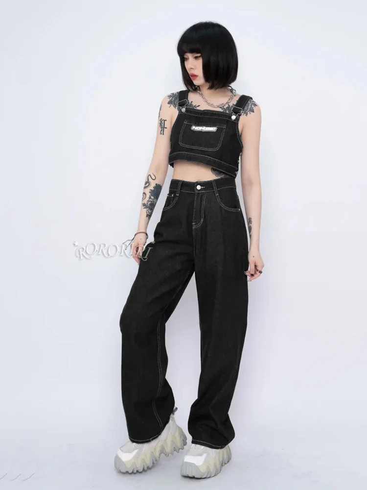 Rororiri Vrouwen Witte Naad Top Broek Denim Pak Casual Effen Verstelbare Bandjes Slabbetje Vest Rechte Baggy Jeans Streetwear