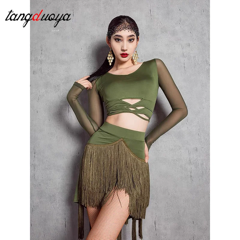 جديد إمرأة اللاتينية تنورة رقص غير النظامية شرابات قاعة الرقص رومبا سامبا Dancewear الإناث الرقص التدريب تشاتشا أداء زي