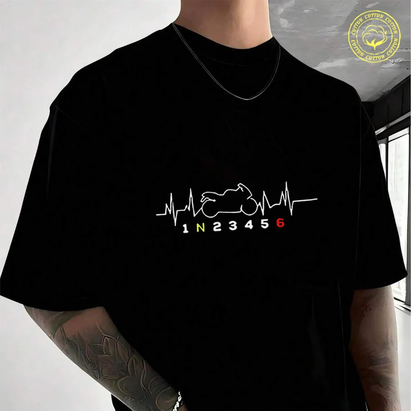 

Motorcycle Heartbeat With & Speed Graphic Men's Cotton T-Shirt Moto New Casual O-neck Short Sleeve Summer Streetwear Tees