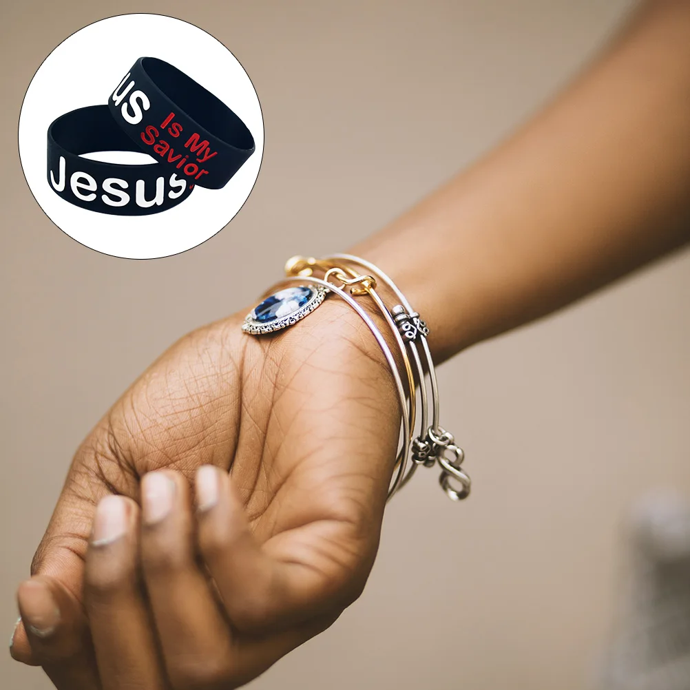 

2pcs Jesus Wristband Silicone Bracelet Unisex Bangle Letters Design Lightweight Durable For Outdoor Fitness Travel Gift