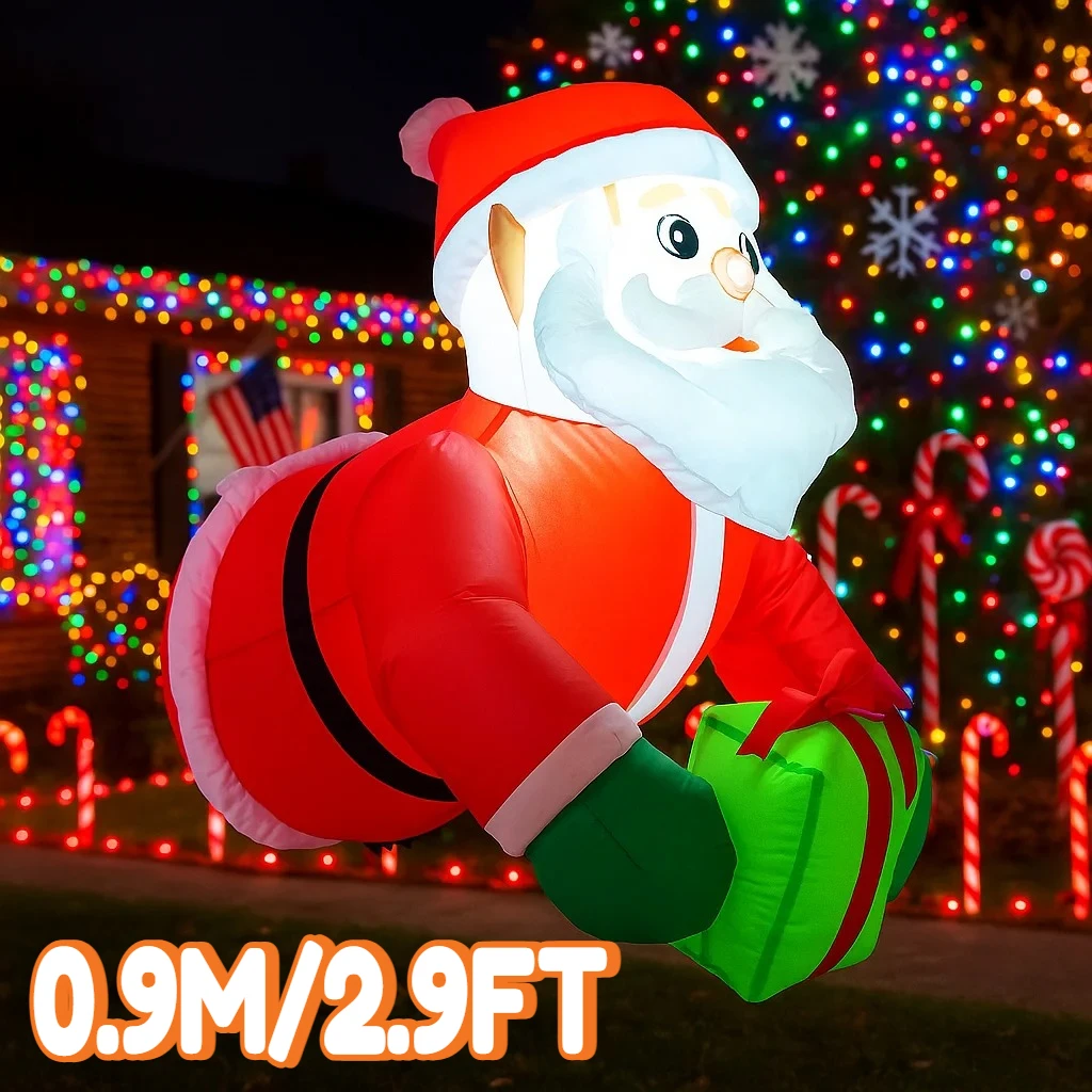 0.9M/2.9FT Inflatable Santa Claus Holding Gift Lights LED Home Holiday Lighting Decoration Xmas Supplies Garden Outdoor Decor