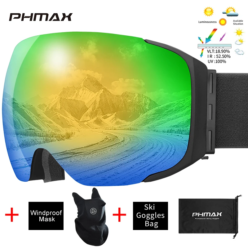 PHMAX Magnetic Snowboard Goggles Double Layers Unisex Skiing Mask Glasses Men Women Winter Anti-Fog Snow Ski Goggles