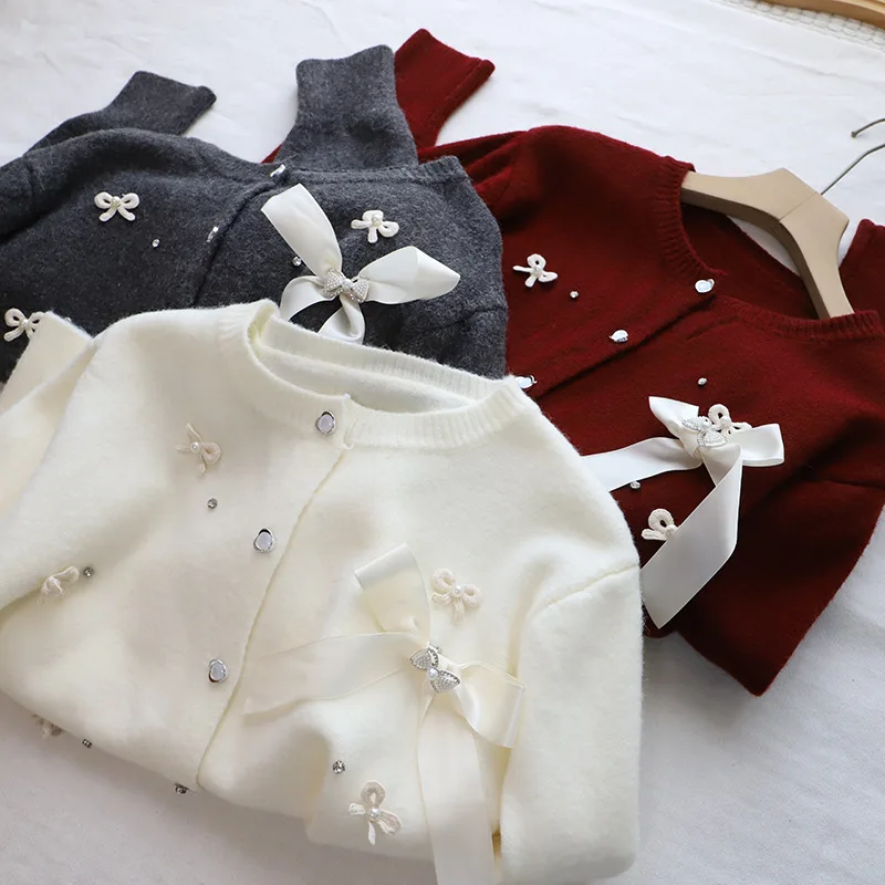 

Korean Style Sweet Rhinestone Bow Women's Cardigans Fashion Round Neck Single Breasted Soft Sweater New Vintage Gentle Knit Tops