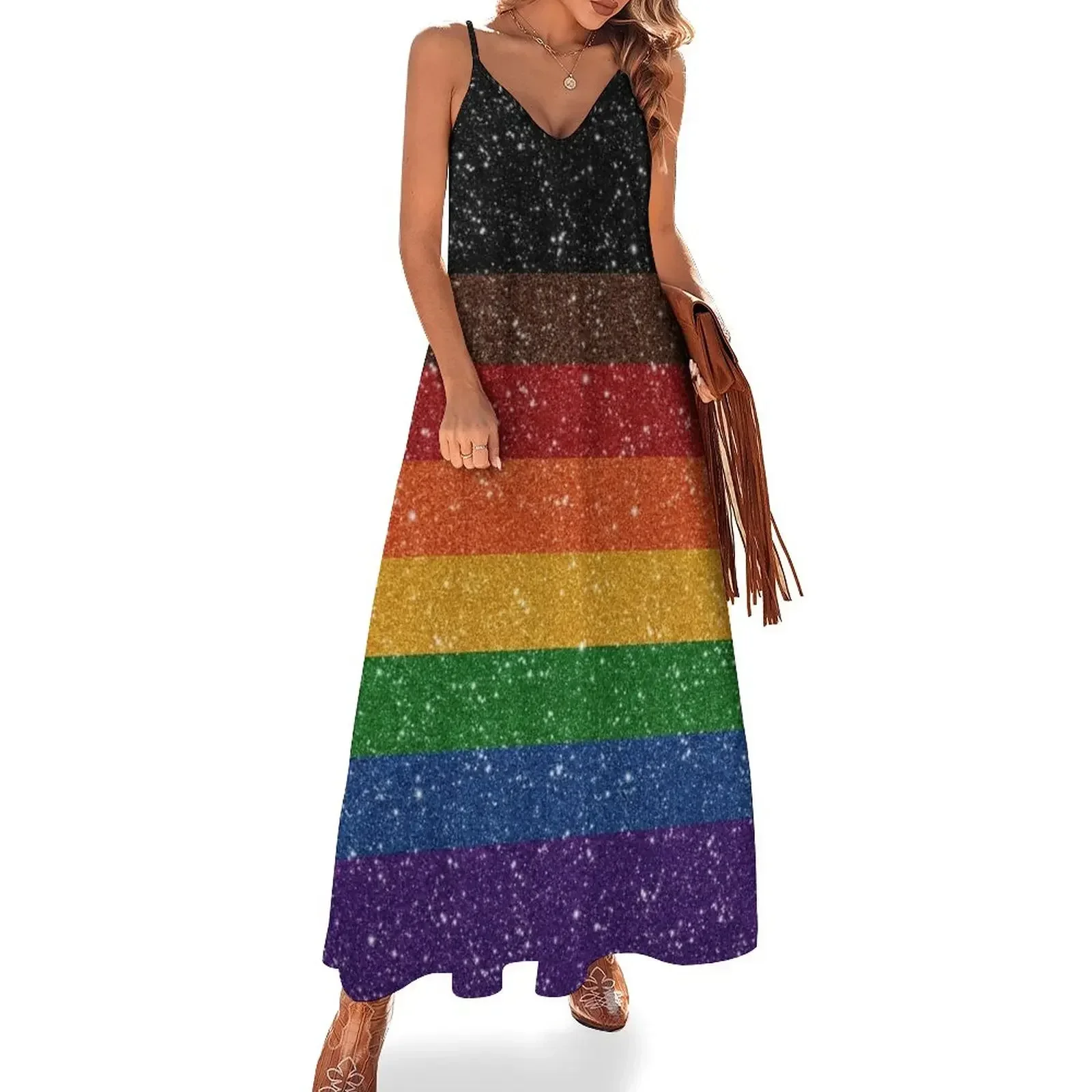 

Faux Glitter Inclusive Rainbow Pride Flag Background Sleeveless Dress Women's dress women's evening dresses women clothes Dress