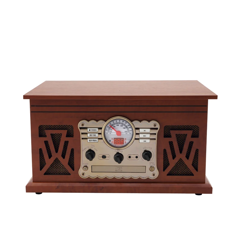 

Wooden Turntable Blue Tooth USB SD Cassette AM FM Radio Retro Vinyl Record Player With Speakers