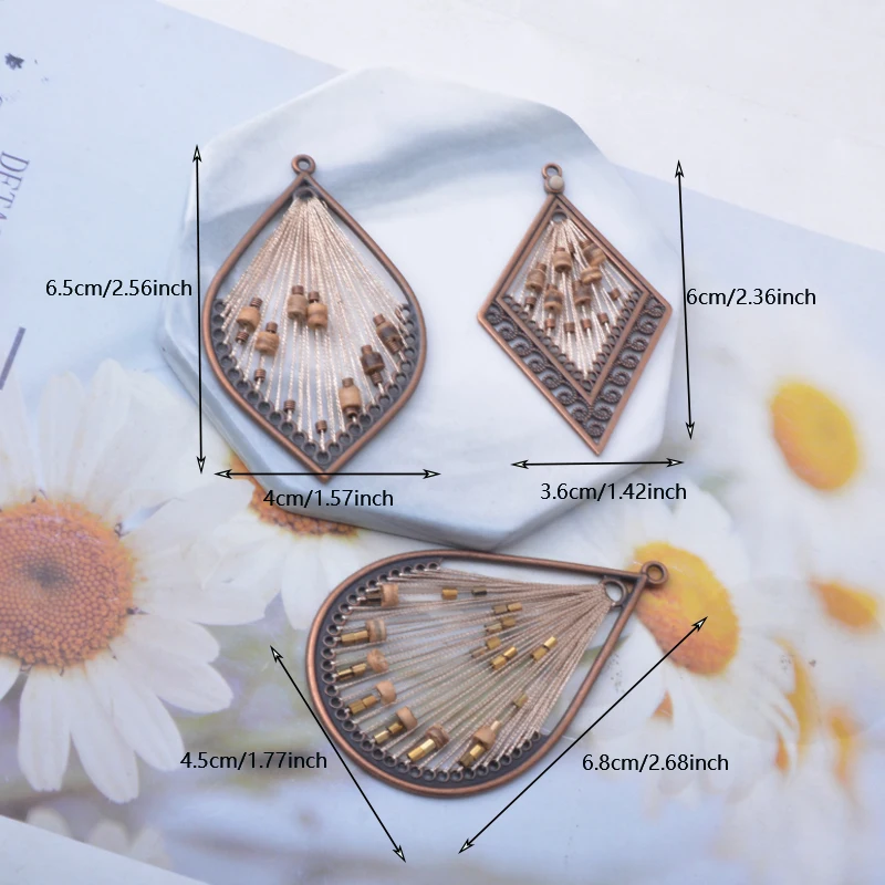 4pcs/lot Bohemian style Retro Water Droplet Square Round Charms DIY Handmade Woven Tassel Pendant