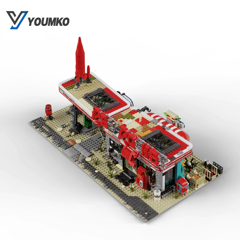 2221PCS MOC Rode Raket Tankstation Bouwstenen Fallouted Game Store Architectuur Model Montage Speelgoed voor Volwassenen Kids Gift