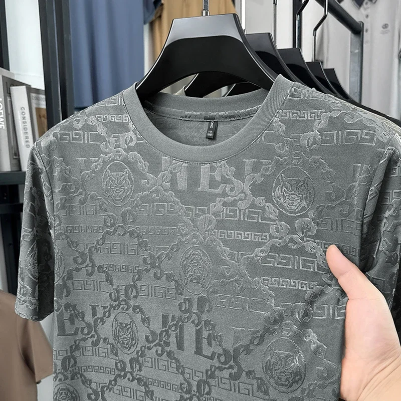 Mens thin ice silk mesh short sleeve top all over chain figure jacquard slim elastic crew neck business daily casual clothing
