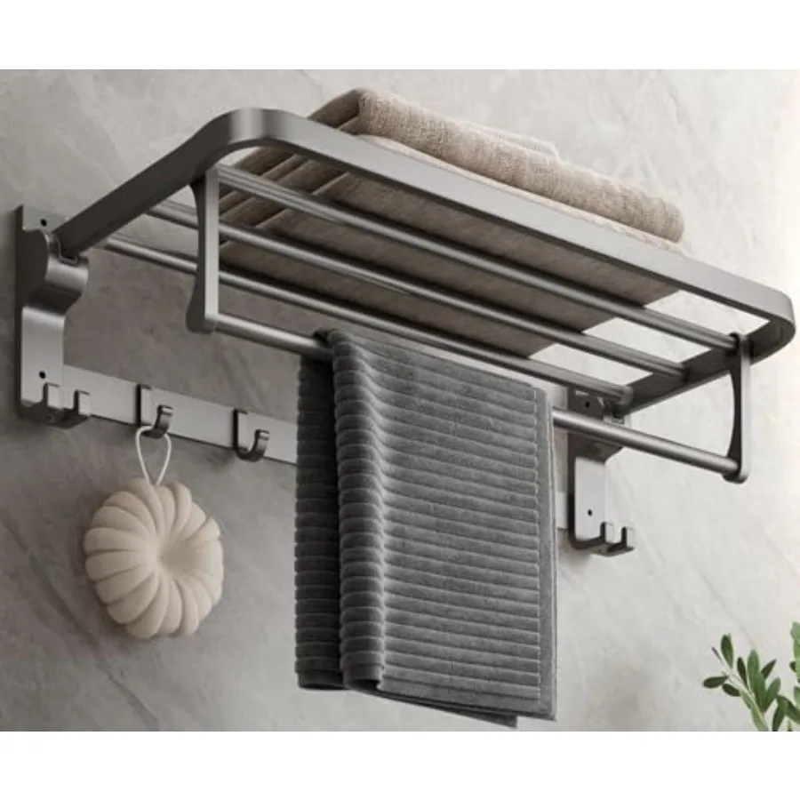 

Bathroom Towel Rack with Towel Bar and Hooks 23.6 in Foldable Towel Shelf Wall Mounted Lavatory Towel Organizer Modern Gray Fin