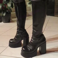 Black Round Toe Chunky Heels Boots Knee High Platform Shoes for Women Matte Leather High Heels Shoes 2024 Zapatos Para Mujere