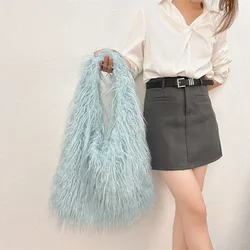 Y2K Trend Candy Color Faux Fur Shoulder Bag Sexy Girls Long Hair Plush Underarm Bag Large Capacity Furry Shopping Tote  Bolsas