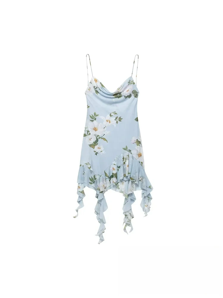 KONDALA elegante Casual mujer Cami vestido estampado sin espalda asimétrico con volantes Mini Vestidos nueva moda 2025 vestido de playa de vacaciones de verano