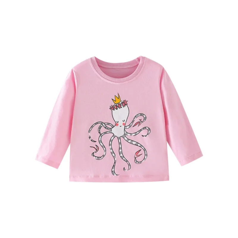 Spring Baby Boys Solid Cotton Clothes Kid Octopus Printed O Neck Pullover Children Girls Casual Long Sleeve T-Shirts