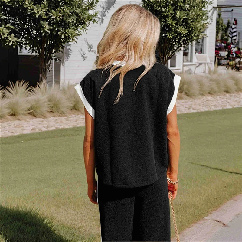 

【SEE】Women's 2 Piece Summer Lounge Set Outfit Short Sleeve Pullover Tops Wide Leg Long Pants Tracksuit