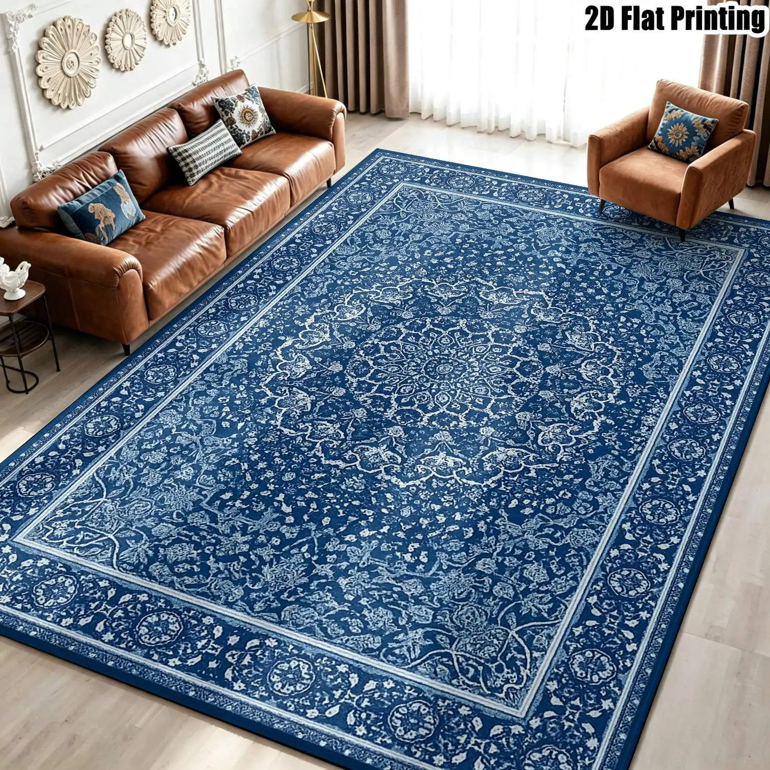 1Pc 2D Printed Blue Retro Patterned Carpet, European & Bohemian Style, Home Decor, Multi-Size, Machine Washable, for Entrance, Dining, Foyer, Bedroom, Study, Living Room Etc