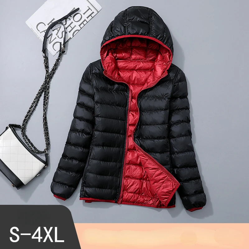 2024 Autumn and Winter New Double-sided with White Duck Down Thin Slim Hooded Down Jacket for Women Light Coat