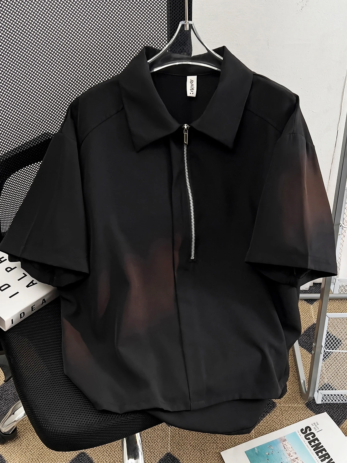 

Summer Thin f Zip ort Sve Ice Silk irt Men's Casual High-End Feeling Japanese Hong Kong Sle Haome Leisure...
