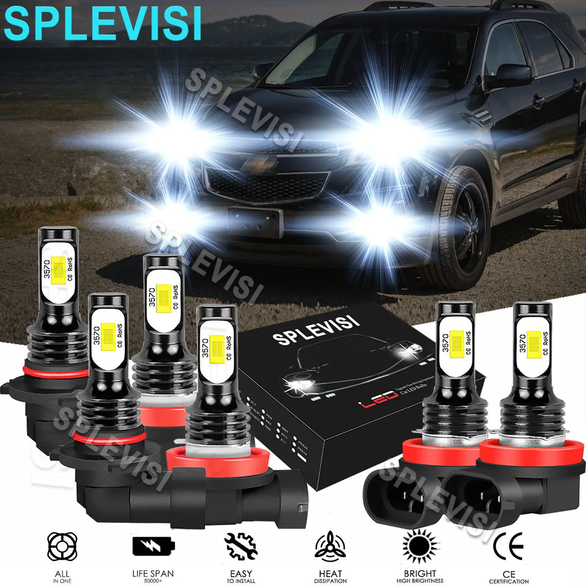 6x LED Pure White Headlight Hi/Low Beam Fog Light Bulbs 6000K Fit For Chevrolet Equinox 2010-2017 Volvo VNL VNM 2004 2005-2015