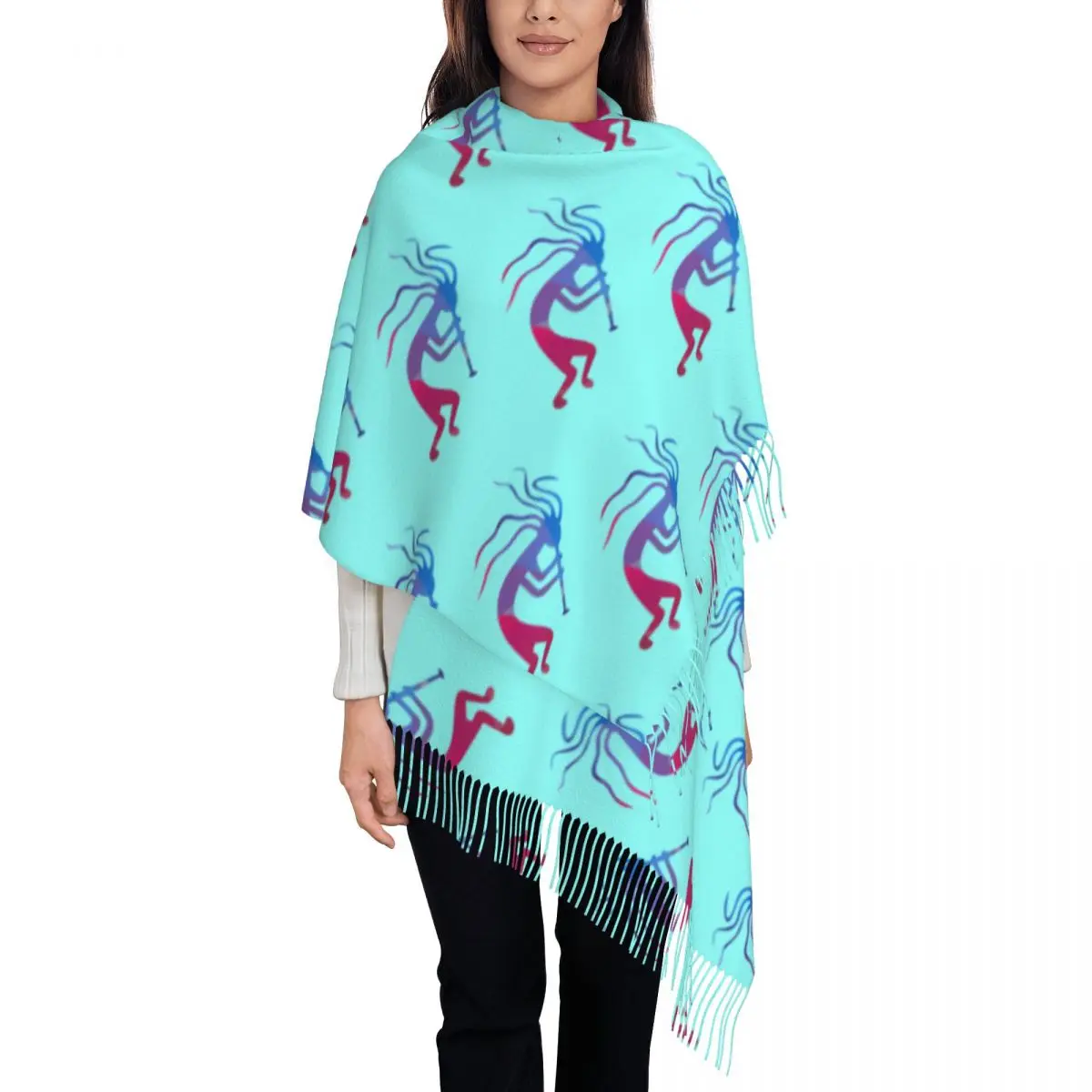 

Custom African Tribal Native American Kokopelli Scarf Wrap for Women Long Winter Warm Tassel Shawl Unisex Scarves