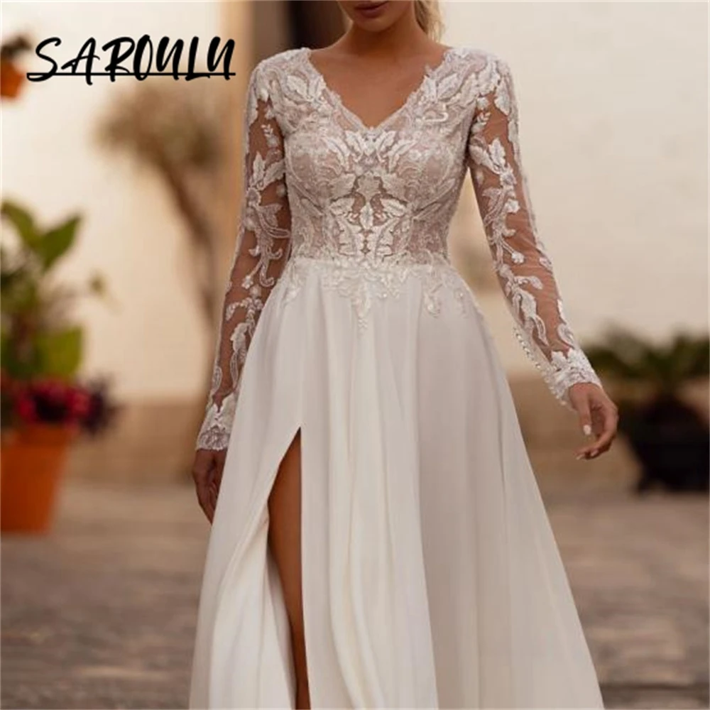 Bohemian Chiffon A Line Bride Dress Side Slit Lace Long Sleeves Women Wedding Dresses Classic V Neck Bridal Gown Robe De Mariee