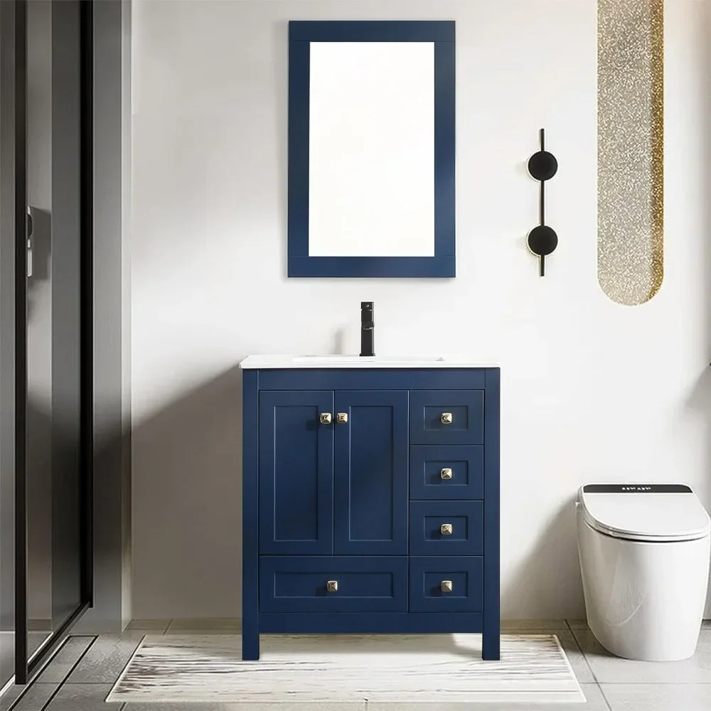 30" Bathroom Vanities Cabinet with Sink Combo Set, Undermount Ceramic Sink w/Thickened Wood, Matte Black Faucet, Painted Surface