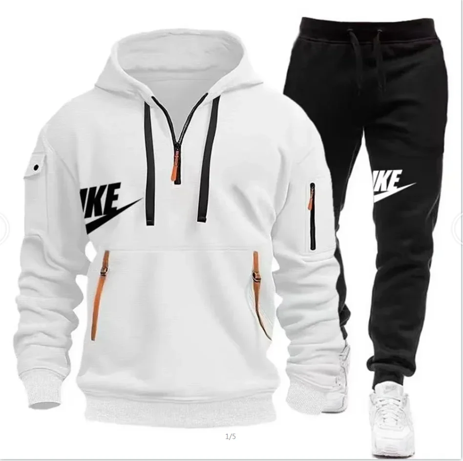 2026   New autumn and winter men's long-sleeved pullover hoodie + pants 2-piece fashionable outdoor running men's sportswear set image 4