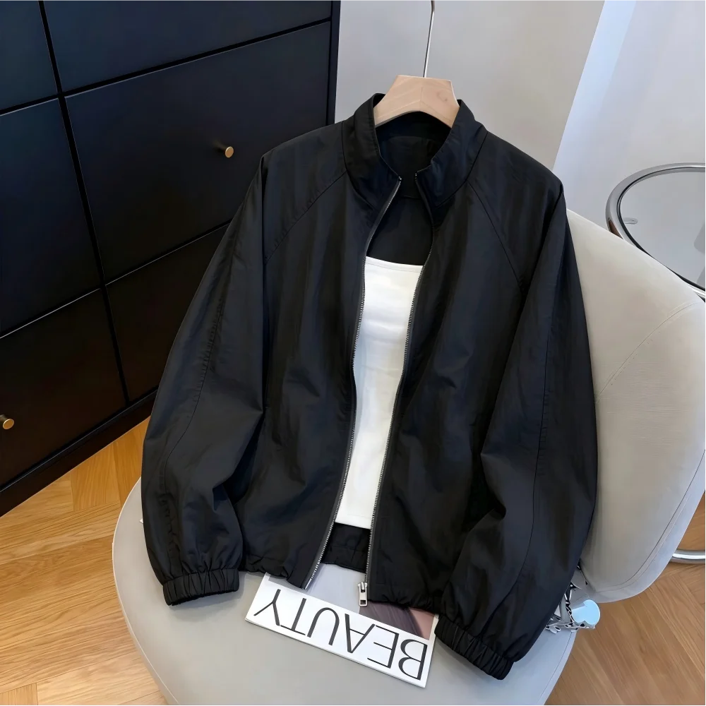 

Women's Summer 2026 New Lazy Style Casual Fashion Thin Stand Collar Sun Protection Coat Long Sleeve Zipper Closure Polyester