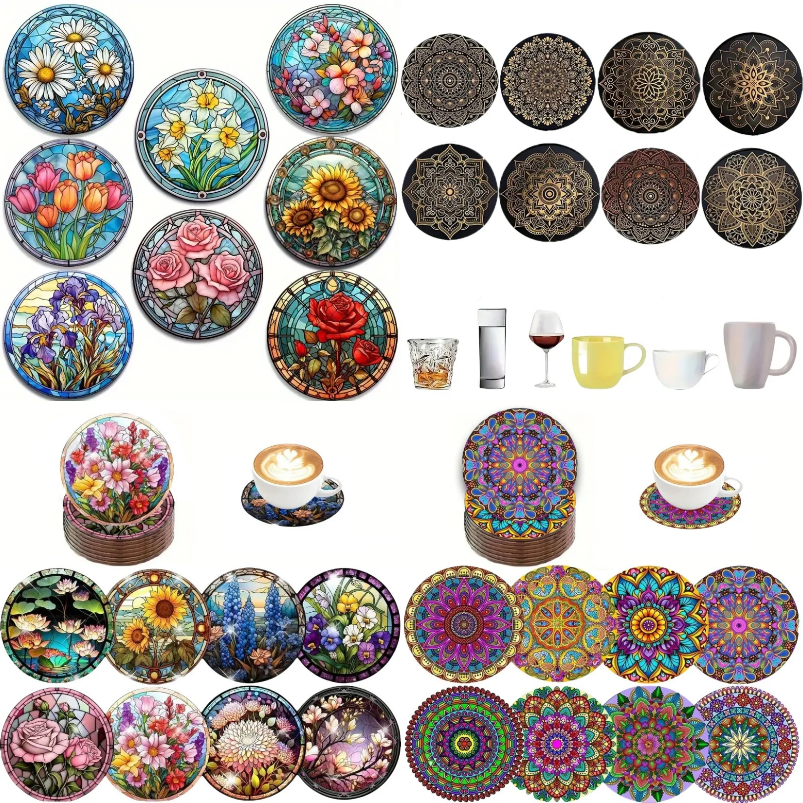 

8pc/set beautiful colorful flowers tea table art wooden high temperature non-slip coaster round, suitable for adults, office, te