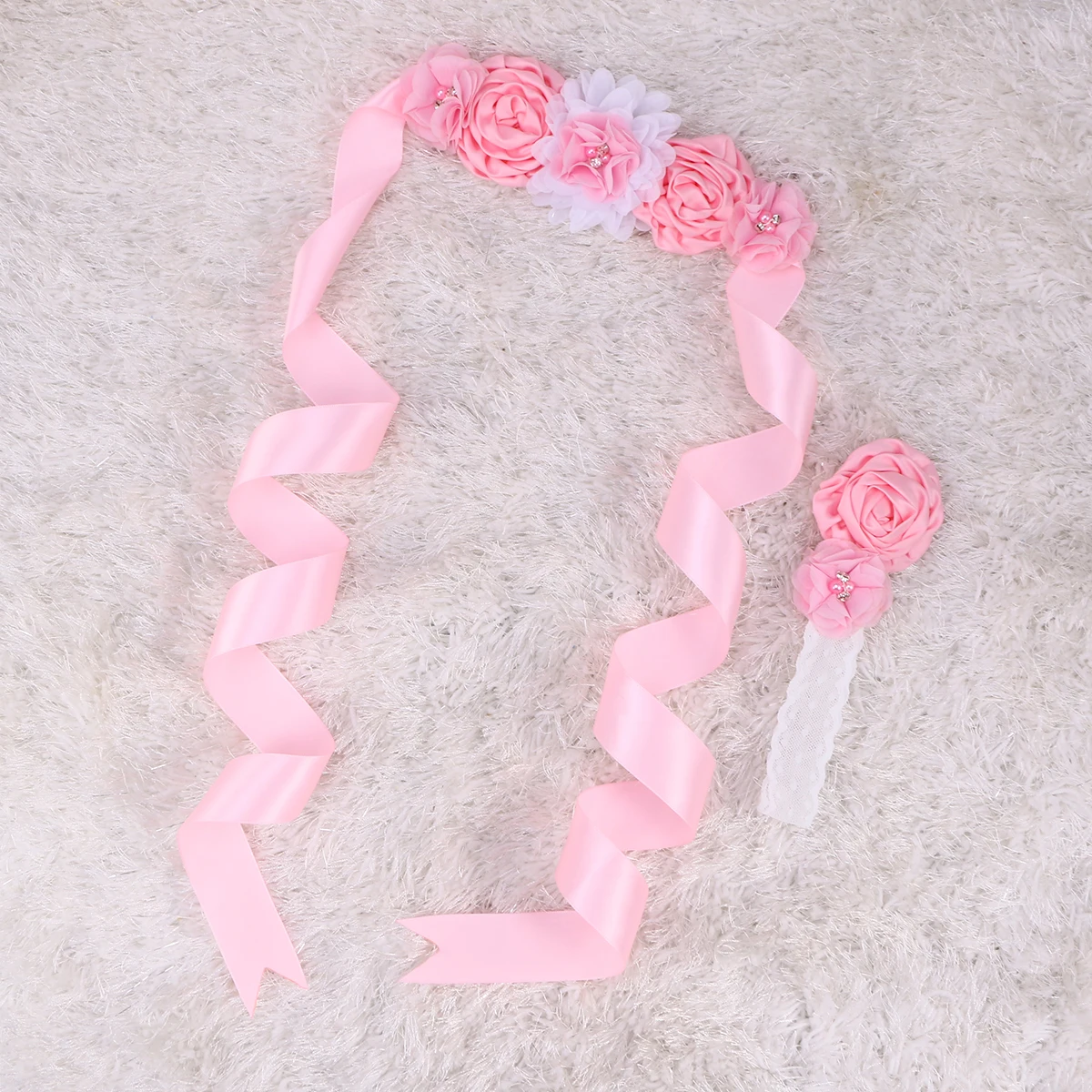 

2Pcs Kids Belt Wedding Sash Ribbon Flower Girl Rhinestone Pregnant Woman Satin Fabric Pearl Maternity Photo Prop Decor