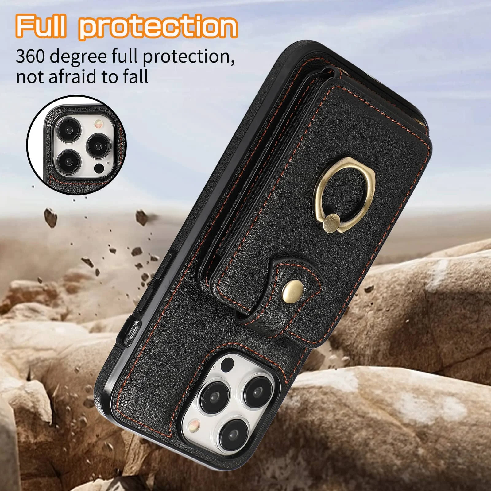 For iPhone 18/17e/16/15/14 Pro Max Plus Case Wallet with Card Holder, 360°Rotation Finger Ring Holder Kickstand, RFID Blocking