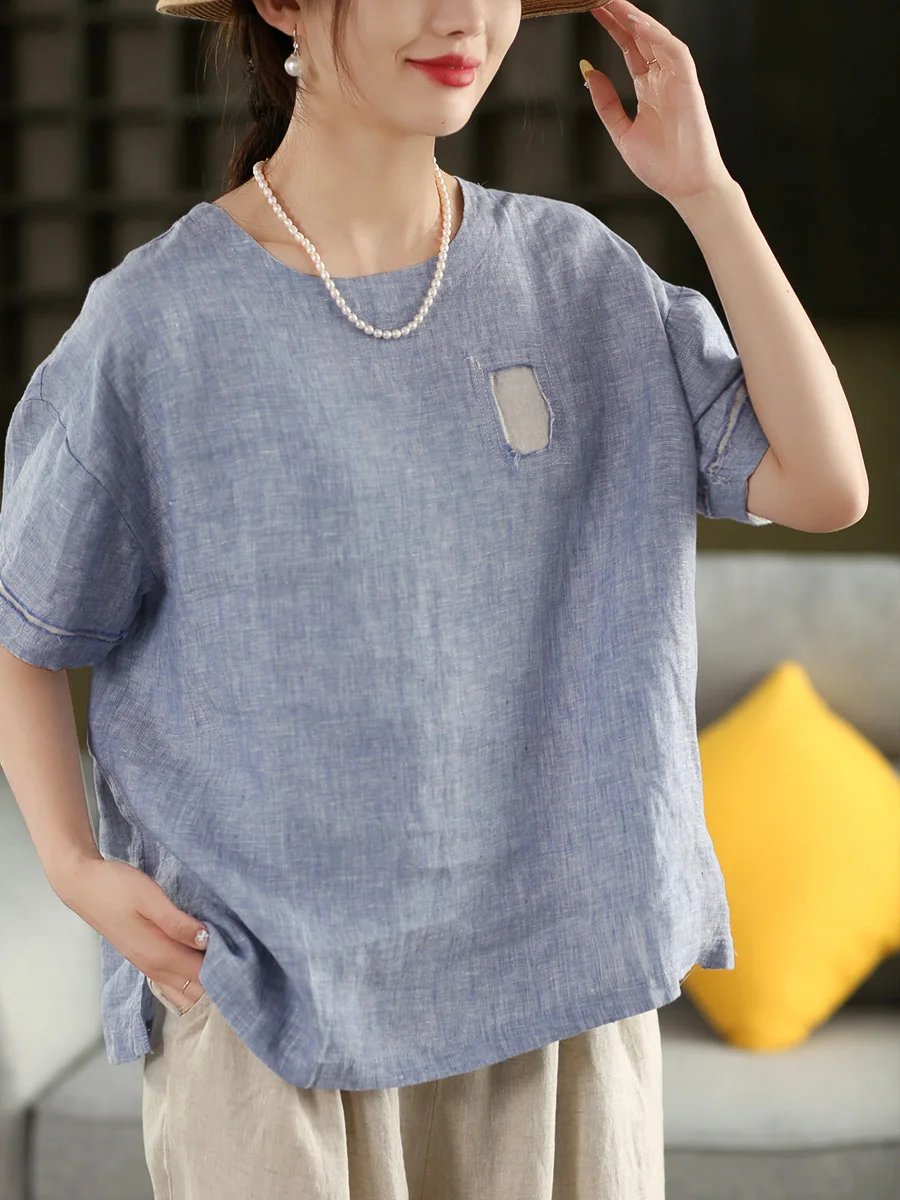 

Женская летняя футболка свободного кроя с круглым вырезом и коротким рукавом, из цветной ткани, повседневный комфортный пуловер