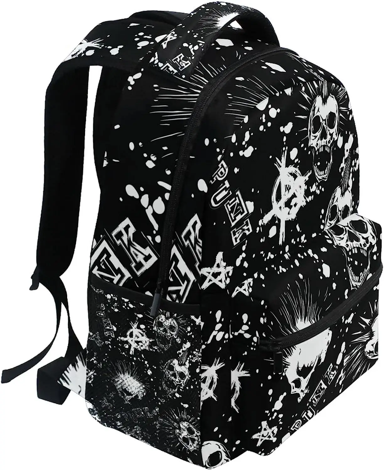 White Punk Skull Mohawk Hair Black Vintage Backpacks Bookbags Daypack Travel School College Bag for Womens Girls Mens Boys Teens