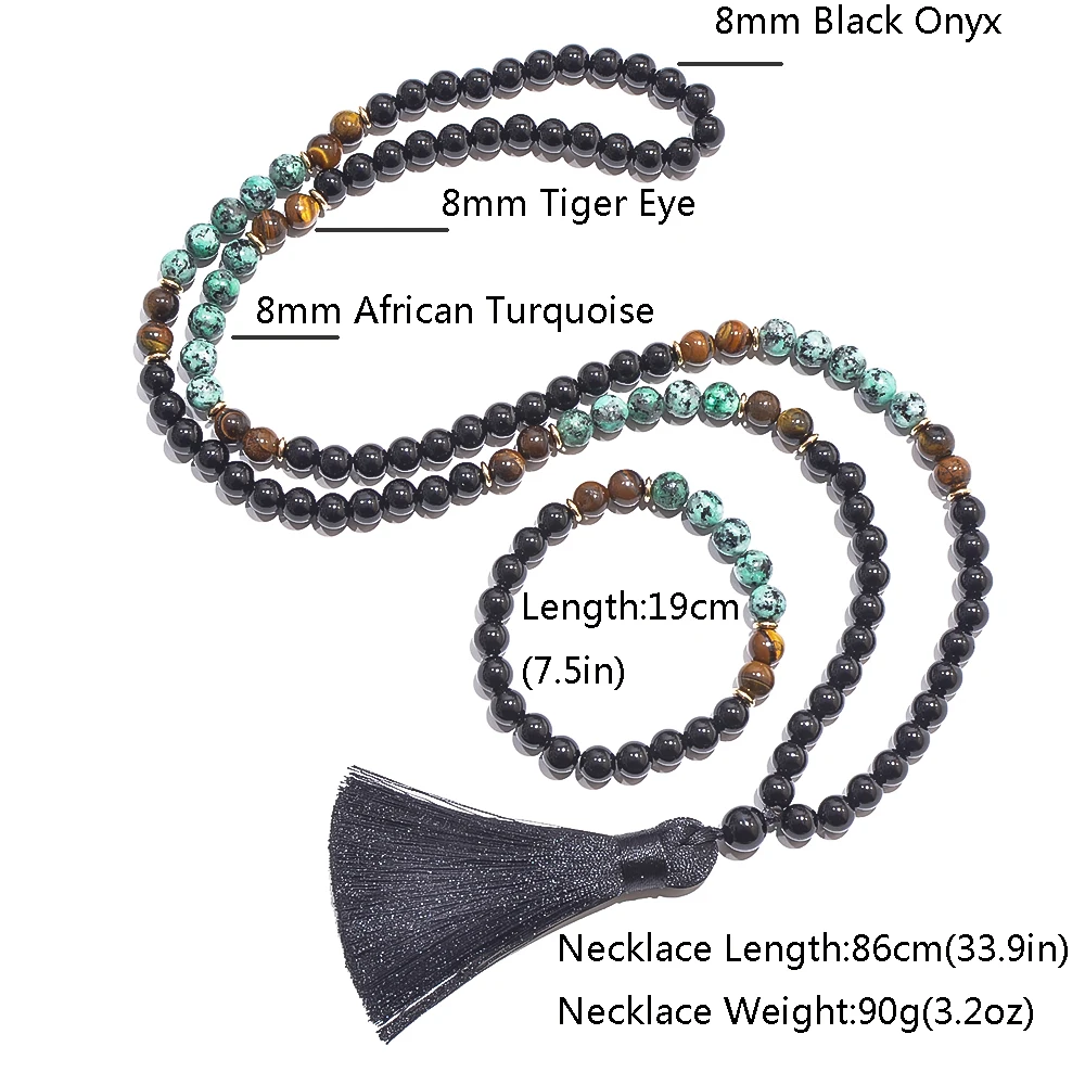 8mm African Turquoise Black Onyx Tiger Eye Beaded 108 Mala Prayer Necklace Meditation Jewelry Japamala Set for Men and Women view 2