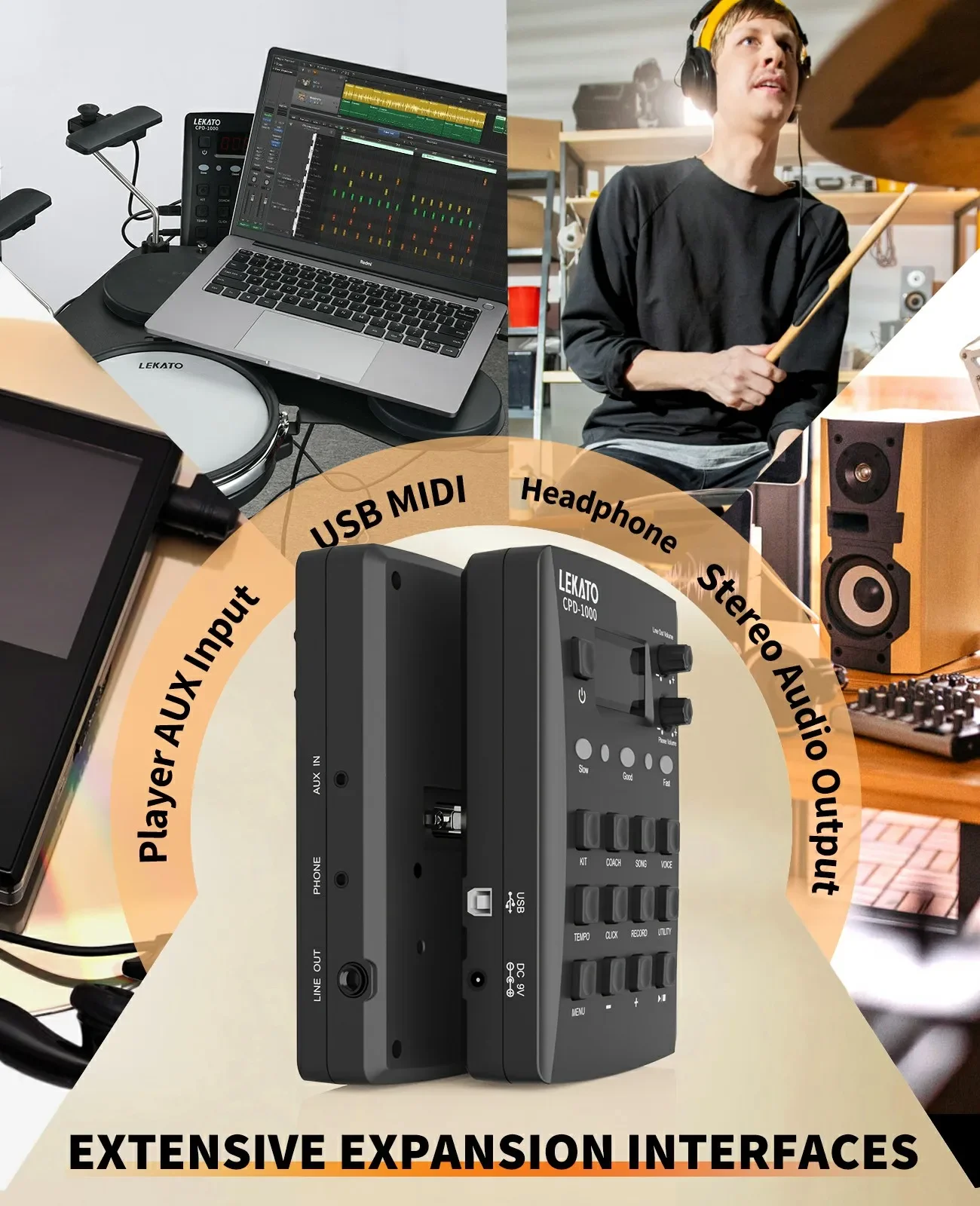 Lekato Baterías electrónicas de malla silenciosa - Juego portátil con más de 220 sonidos, USB Midi, 2 pedales y bolsa - Ideal para principiantes