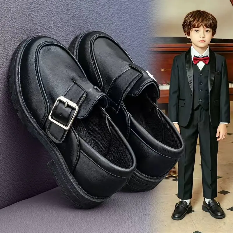 

Kids Boys Black Leather Loafers with Buckle, Non-slip Sole for Formal Events, Weddings, School Uniforms & Special Occasions