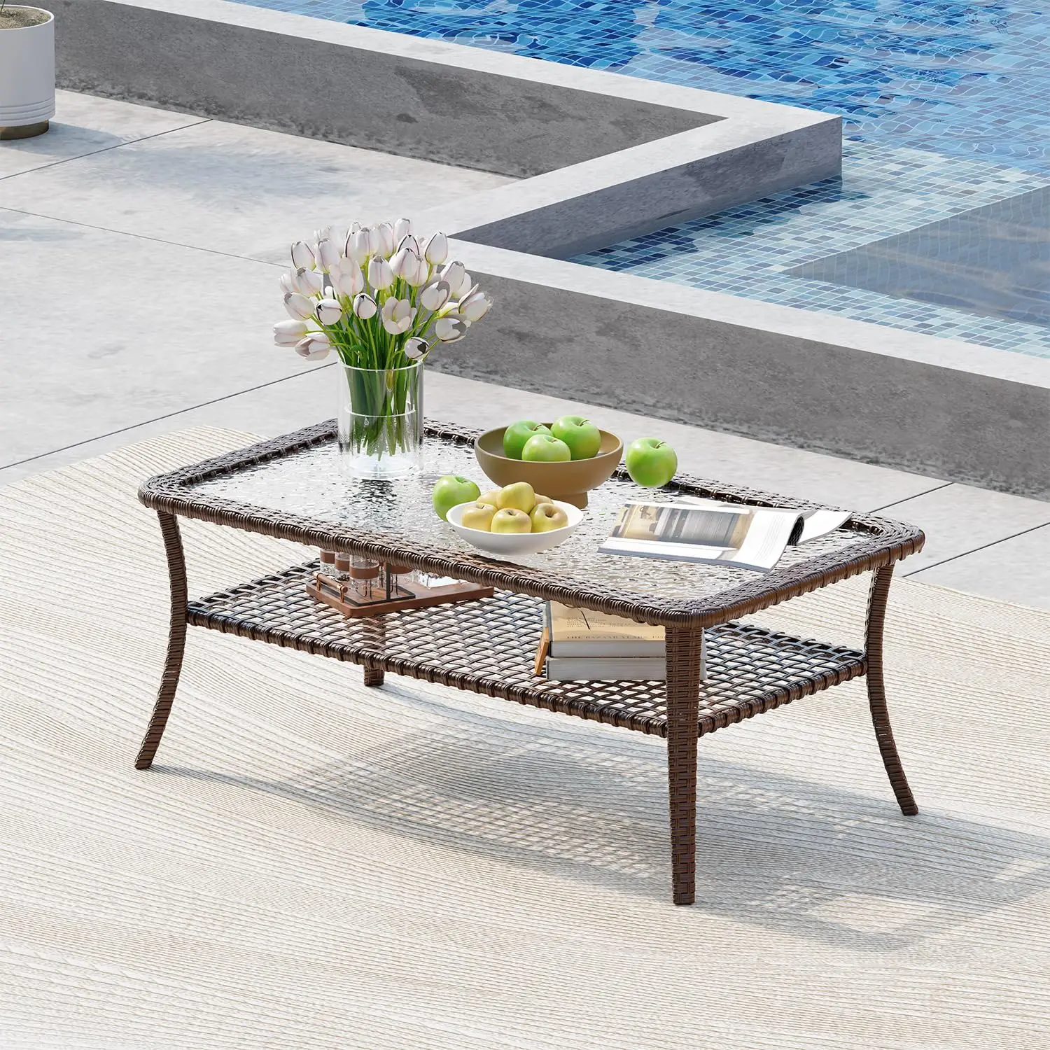 Outdoor Coffee Table With Storage Wicker Patio Coffee Table, All-Weather Tempered Glass Top Coffee Table For Patio, Customized