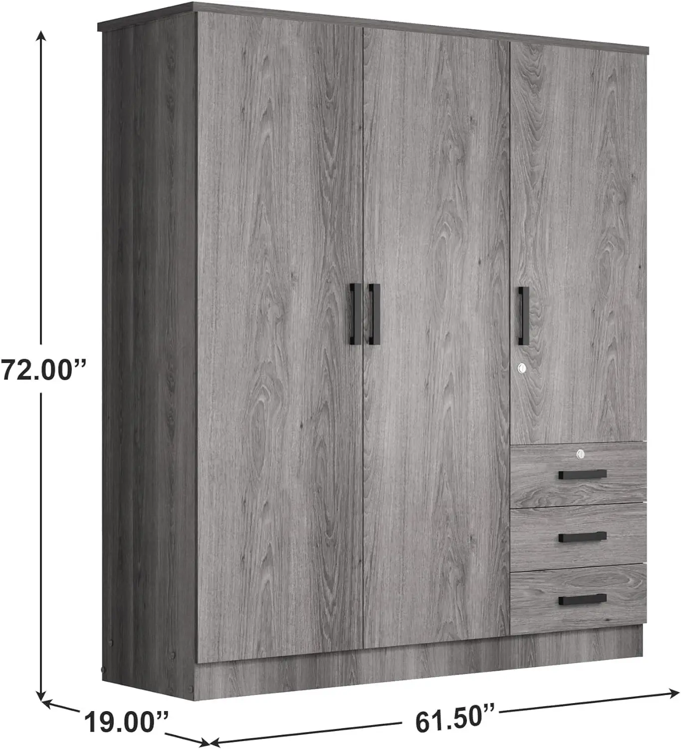 Wardrobe Closet 3 Doors and 3 Drawers (Grey)