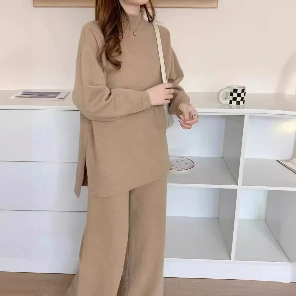 Two Piece Sets Muslim Knitting Outfits Women Split Sweater Pullover Knitted Wide Leg Pants Suit Knitwear Ensemble Casual