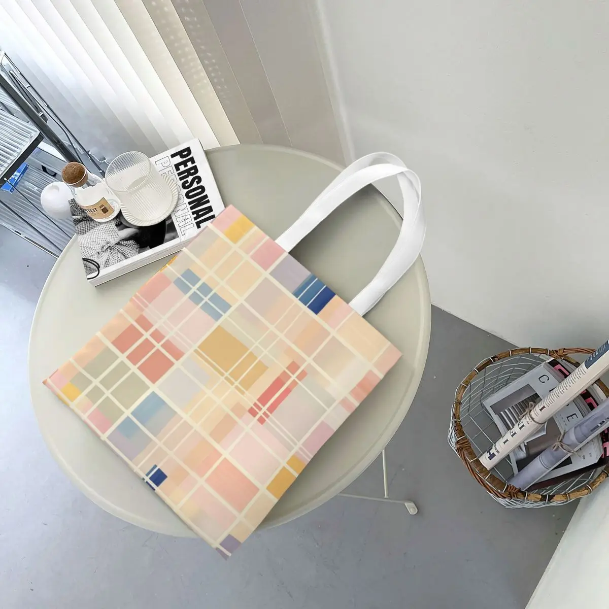 Pastel xadrez padrão listrado sacos de compras lona dobrável a sacola senhoras ombro tote bolsa de viagem