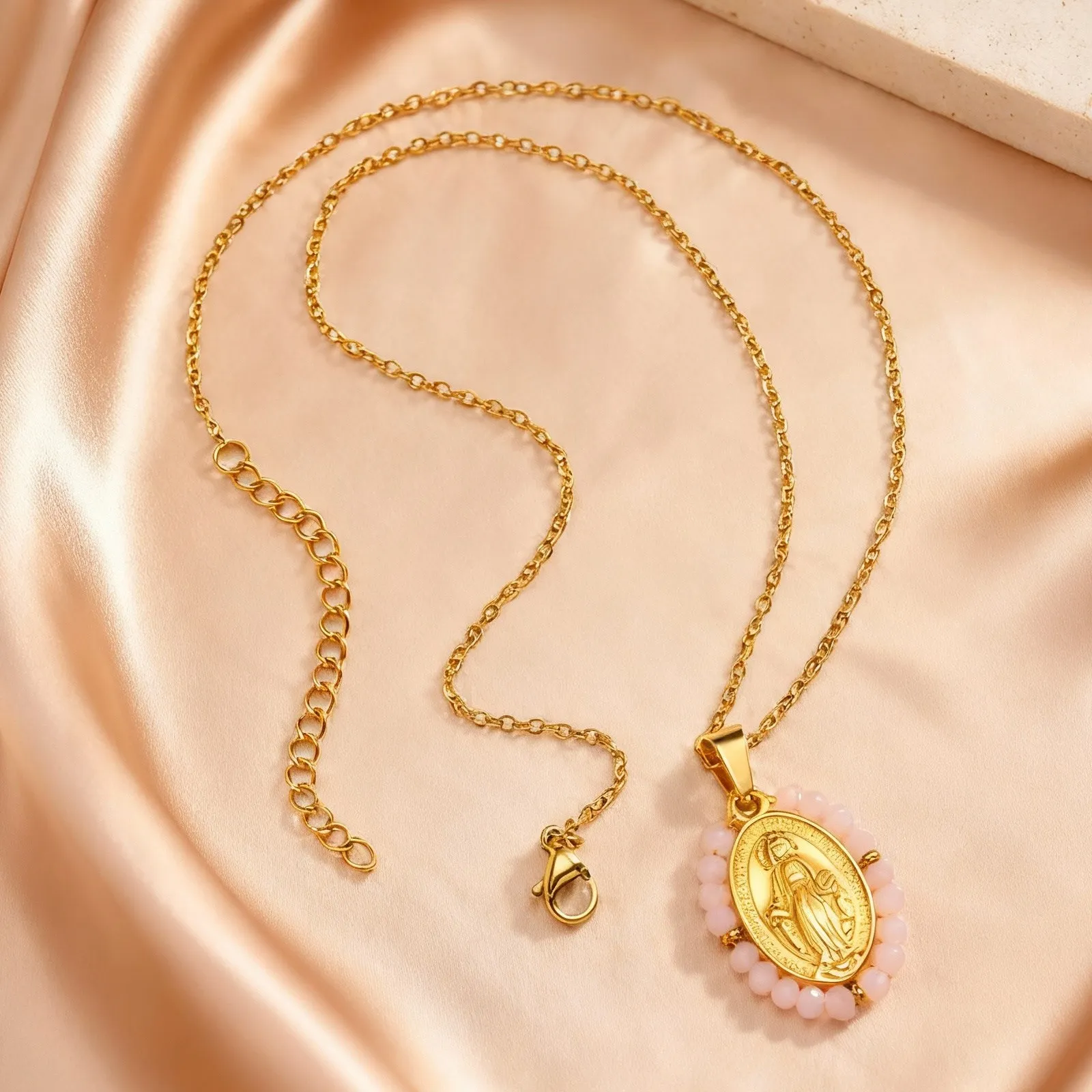 Klassische Jungfrau Maria Anhänger-Halskette für Frauen, Zirkon-Imitationsperle Naturstein-Perlen Charm-Halskette, Edelstahl-Schmuck – Detail 7