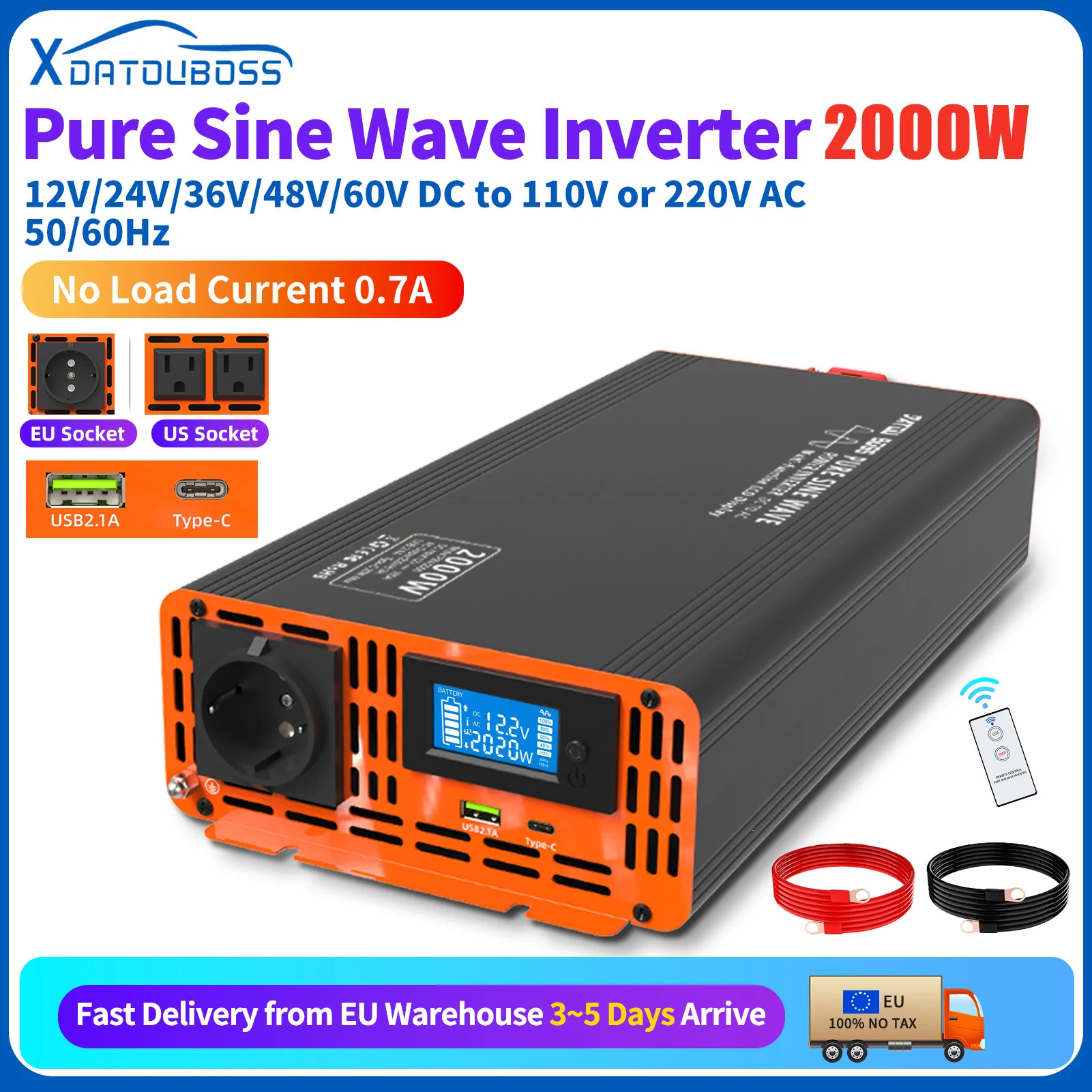 DATOUBOSS PSW Inverter 12v 220v 2000w DC 12V 24V 36V 48V 60V to AC 110V-220V Peak Power 4000W Internal Heat Dissipation TypeC