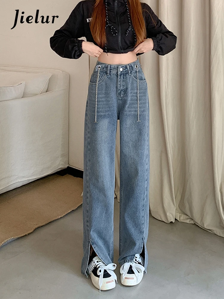 

Jielur Korean High Waist Straight Blue Jeans Female Autumn New Loose Chain Women Trousers Slim Split Wide Leg Pants Cowboy S-XL